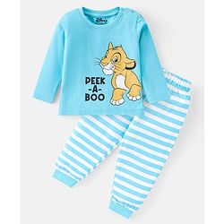 Babyhug Disney Cotton Knit Full Sleeves Night Suit With Lion King Graphics - Sky Blue