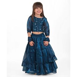 Babyhug Woven Three Fourth Sleeves Sequined Floral Embroidered Choli Lehenga Set with Dupatta - Teal Blue