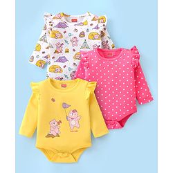 Babyhug 100% Cotton Full Sleeves Onesies with Frill Detailing Teddy Bear Print Pack of 3 - Pink White & Yellow