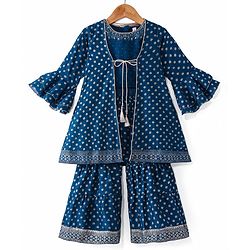 Babyhug Woven Top & Palazzo Set with Bell Sleeves Jacket Floral Foil Print & Embroidery - Teal Blue