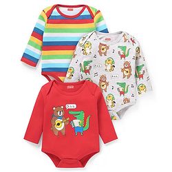 Babyhug 100% Cotton Knit Full Sleeves Striped & Animal Printed Pack of 3 - Red & Light Grey
