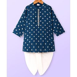 Babyhug Woven Full Sleeves Mandarin Collar Foil Printed Kurta Dhoti Set - Navy Blue