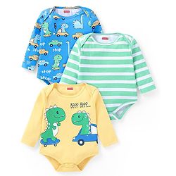 Babyhug 100% Cotton Knit Full Sleeves Striped & Dino Printed Onesies Pack of 3 - Yellow Blue & Green