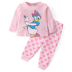 Babyhug Disney Cotton Knit Full Sleeves Night Suit With Daisy Duck Graphics - Pink