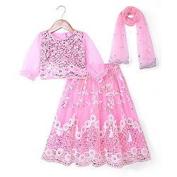 Babyhug Woven Half Sleeves Choli Lehenga & Dupatta Set With Sequin Embroidery - Pink