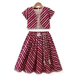 Babyhug Woven Short Sleeves Choli Lehenga & Jacket Set With Foil Print & Sequin Embroidery - Maroon