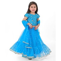 Babyhug Woven Cap Sleeves Sequinned & Floral Embroidered Choli With Lehenga and Net Dupatta - Blue