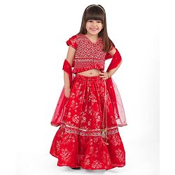 Babyhug Woven Half Cap Sleeves Sequinned & Floral Embroidered Choli With Lehenga and Net Dupatta - Orange