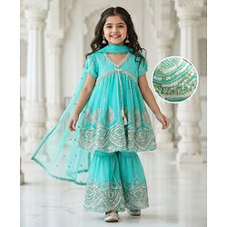 Babyhug Woven Half Puffed Sleeves Sequin & Floral Embroidered Kurta Gharara Set with Dupatta & Lace Detailing - Aqua Blue