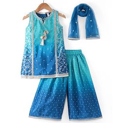 Babyhug Woven Sleeveless Floral & Sequin Embroidered Kurti Palazzo Set with Dupatta - Teal Blue
