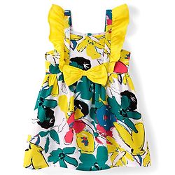 Babyhug Poplin Woven Frill Sleeves Frock with Floral Print & Bow Applique - Yellow