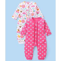 Babyhug 100% Cotton Interlock Knit Full Sleeves Romper Floral Print Pack of 2 - Pink & White