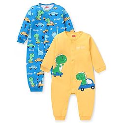 Babyhug 100% Cotton Knit Full Sleeves Rompers with Dino & Car Print Pack of 2 - Yellow & Blue