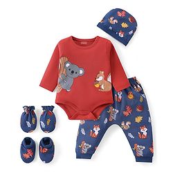 Babyhug 100% Cotton Full Sleeves Onesies with Leggings & Cap Mitten Booties Koala Print - Red & Navy