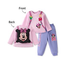 Babyhug Disney Single Jersey Knit Full Sleeves Top & Joggers Set With Minnie Mouse Graphics & Functional Bag Applique - Pink & Lavender