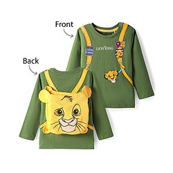 Babyhug DIsney Single Jersey Knit Full Sleeves T-Shirt With Lion king Graphics & Functional Bag Applique - Olive Green