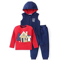 Babyhug Terry Knit Full Sleeves T-Shirt & Pant Set with Hooded Jacket - Penguin Print - Navy Blue