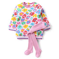 Babyhug Cotton Woven Full Raglan Sleeves Frock with Leggings & Abstract Design - Multicolour