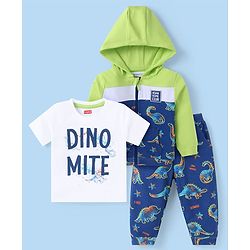 Babyhug Terry Knit Full Sleeves Text & Dino Printed Hooded Sweatjacket & Lounge Pant Set with T-Shirt - Navy Blue & Green