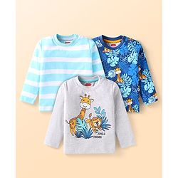 Babyhug Cotton Knit Full Sleeves T-Shirts with Striped & Animal Print Pack of 3 - Light Blue Grey & Navy