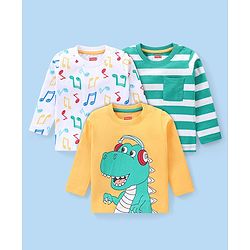 Babyhug Cotton Knit Full Sleeves T-Shirts Dino Print - Yellow & Green