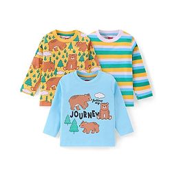 Babyhug Cotton Knit Full Sleeves T-Shirts with Striped & Bear Print Pack of 3 - Light Blue & Yellow