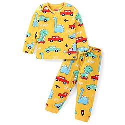 Babyhug Cotton Knit Full Sleeves Night Suit With Construction Vehicles Print - White main image 0