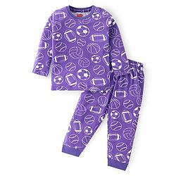 Babyhug Cotton Knit Full Sleeves Night Suit with Football Print - Purple