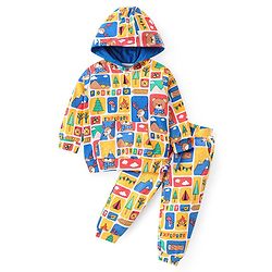 Babyhug Cotton Knit Full Sleeves Hooded T-Shirt & Lounge Pants Co-Ord Set With Animals Print - Mustard & Blue