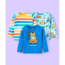 Babyhug Cotton Knit Full Sleeves T-Shirts with Stripes & Animals Graphics Pack of 3 - Blue & Yellow