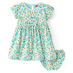 Babyhug Single Jersey Knit Half Sleeves Floral Printed Frock with Bloomer & Bow Applique - Turquoise