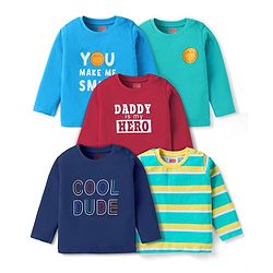 Babyhug Cotton Knit Full Sleeves T-Shirt With Stripes & Cool Dude Text Print Pack Of 5 - Maroon Blue & Navy Blue