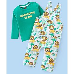 Babyhug Single Jersey Knit Full Length Dungaree with Full Sleeves T-Shirt Text & Animal Print - Sea Green