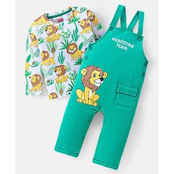 Babyhug Single Jersey Knit Dungaree & Full Sleeves T-Shirt Set with Lion Prints - Green Yellow & White
