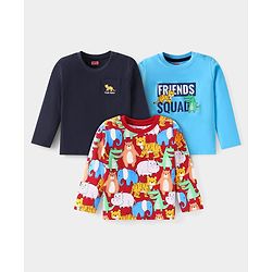 Babyhug Cotton Knit Full Sleeves T-Shirts With Animal Print Pack of 3 - Red Navy & Light Blue