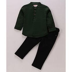 Babyhug Cotton Woven Full Sleeves Mandarin Collared Solid Kurta Shirt & Denim Jeans Set - Green & Black