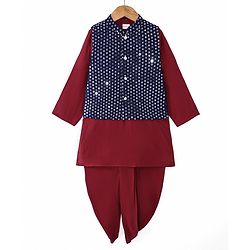 Babyhug Woven Full Sleeves Solid Kurta Dhoti Set with Sequin Embroidered Jacket - Navy Blue & Maroon