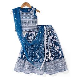 Babyhug Woven Sleeveless Choli Lehenga & Dupatta Set With Sequin & Embroidery Detailing - Teal Blue