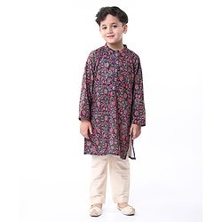 Babyhug Woven Full Sleeves Kurta Pyjama Set with Floral Print - Navy Blue