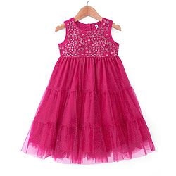 Babyhug Woven Sleeveless Sequin Embroidered Ethnic Tiered Dress - Fuschia