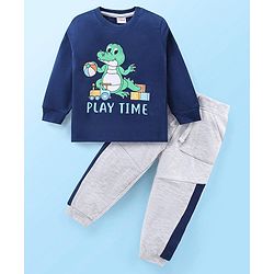 Babyhug Cotton Knit Full Sleeves T-Shirt & Lounge Pants Set With Play Time Croc Print - Blue & Grey