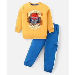 Babyhug Cotton Knit Full Sleeves T-Shirt & Lounge Pants Set With Basketball Print - Mustard & Blue