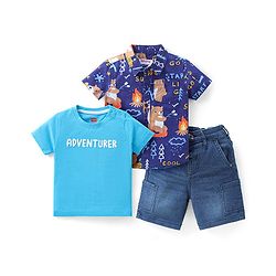 Babyhug Cotton Woven Half Sleeves Shirt With T-Shirt & Denim Shorts Set Camping Adventure Themed - Blue