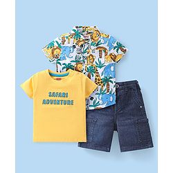 Babyhug Cotton Woven Half Sleeves Shirt With T-Shirt & Denim Shorts Set Safari Adventure Themed - Multicolor
