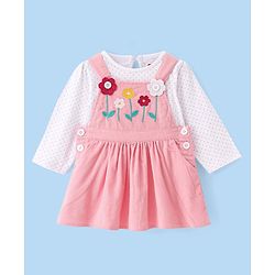 Babyhug Cotton Woven Floral Embroidered Frock With Full Sleeves Polka Dots Inner Tee - Pink