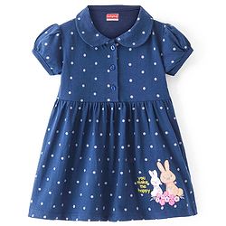 Babyhug Single Jersey Half Sleeves Frock with Polka Dots Print & Bunny Embroidery - Navy Blue