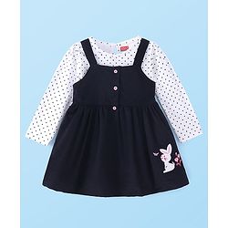 Babyhug Single Jersey Knit Frock With Full Sleeves Inner Tee Bunny Embroidered & Polka dots Print- Navy