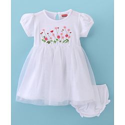 Babyhug Cotton Knit Half Sleeves Floral Embroidered Frock With Bloomer & Mesh Overlay - White