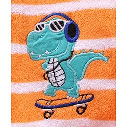 Babyhug Cotton Knit Full Sleeves Striped Hooded Bathrobe with Dino Embroidery - Orange