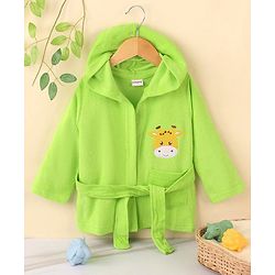 Babyhug Full Sleeves Cotton Knit Bathrobe with Hood Tiger Embroidery with Pocket - Green